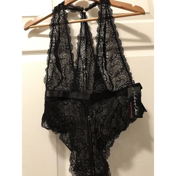 Plunging Lace Halter Teddy with Halter Back, Sexy Lingerie, Black, Size 1X-2X - Picture 12 of 15